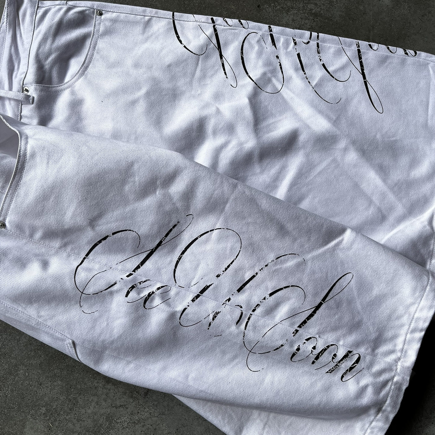 White "seeUSoon" jorts