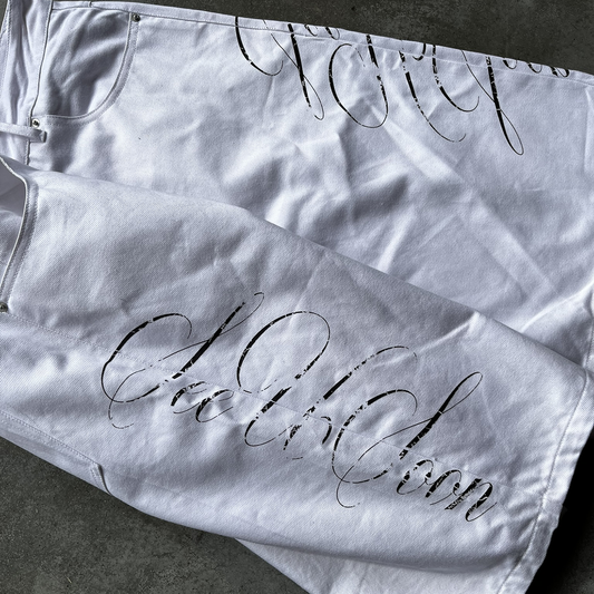 White "seeUSoon" jorts