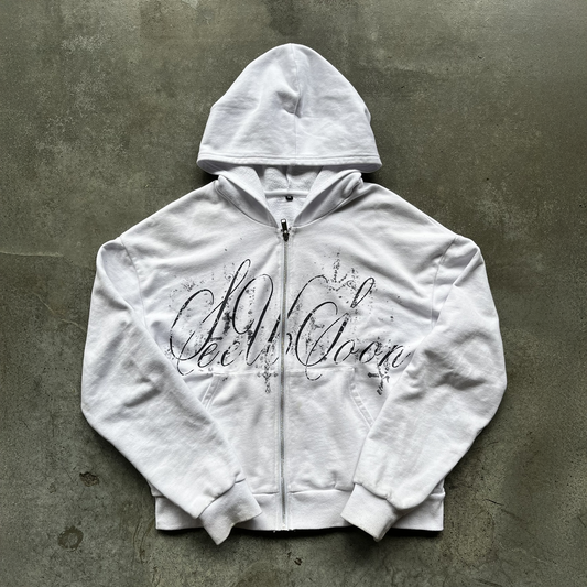 White "seeUSoon" zipup hoodie